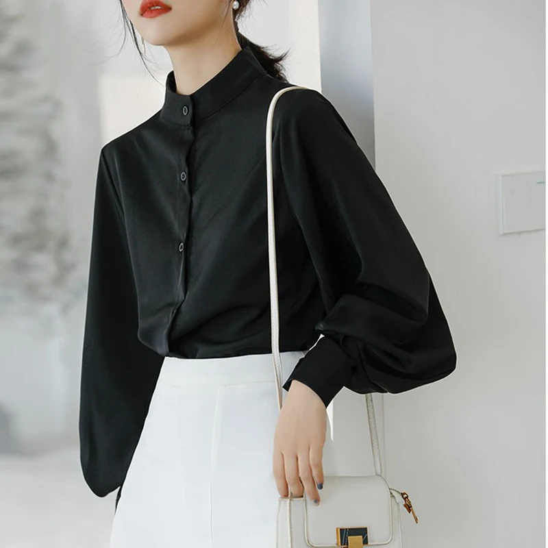 Fashion Lantern Sleeve Blouse Women Springtime Single Breasted Stand Collar Shirts Office Work Shirt Solid Vintage Blouse Tops
