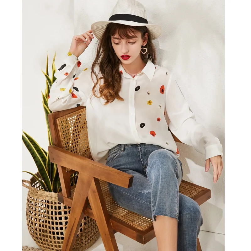 Женская шифоновая блузка с длинным рукавом Свободный Топ из натурального шелка