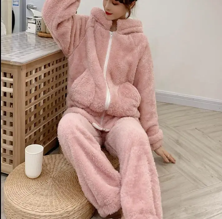 1916 pink color Осень зима спортивный костюм пижамы для женщин с капюшоном на молнии раздел фланелевые пижамы теплая одежда для сна женский пижамный комплект - Цвет: 1916 pink color