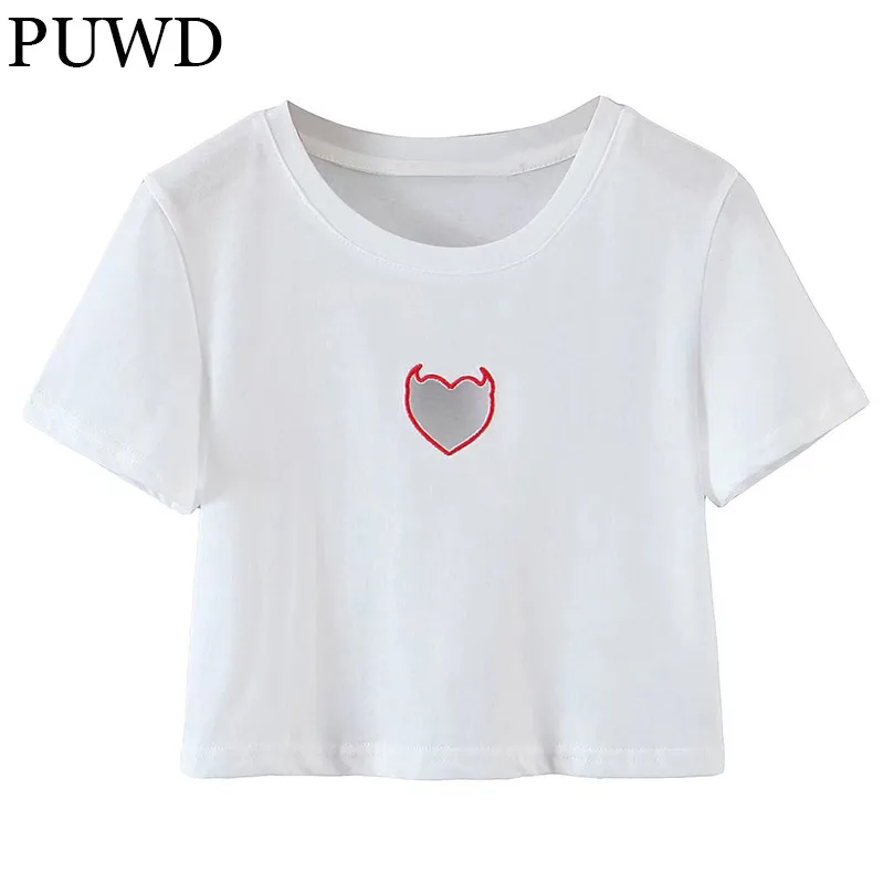 

Женская винтажная Свободная белая футболка PUWD с круглым вырезом, Повседневная летняя модная уличная одежда с мультяшным принтом, шикарные ...