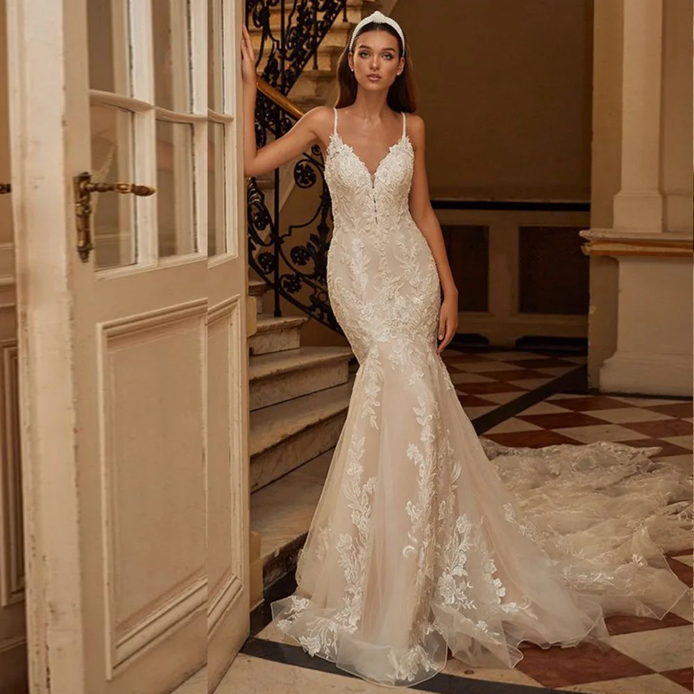 

UETEEY Spaghetti Straps Mermaid Wedding Dress Hochzeitskleid Appliques Bridal Gowns Sequined 2022 Vestido de Noiva Sereia