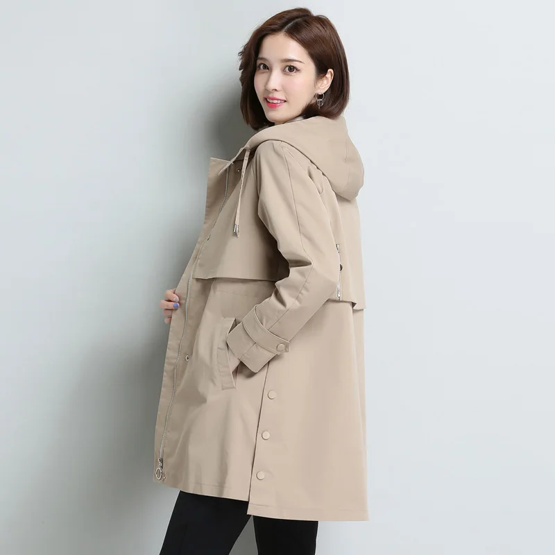 

Женский свободный Тренч средней и большой длины, повседневный Тренч с капюшоном и длинными рукавами, модное пальто с карманами для осени