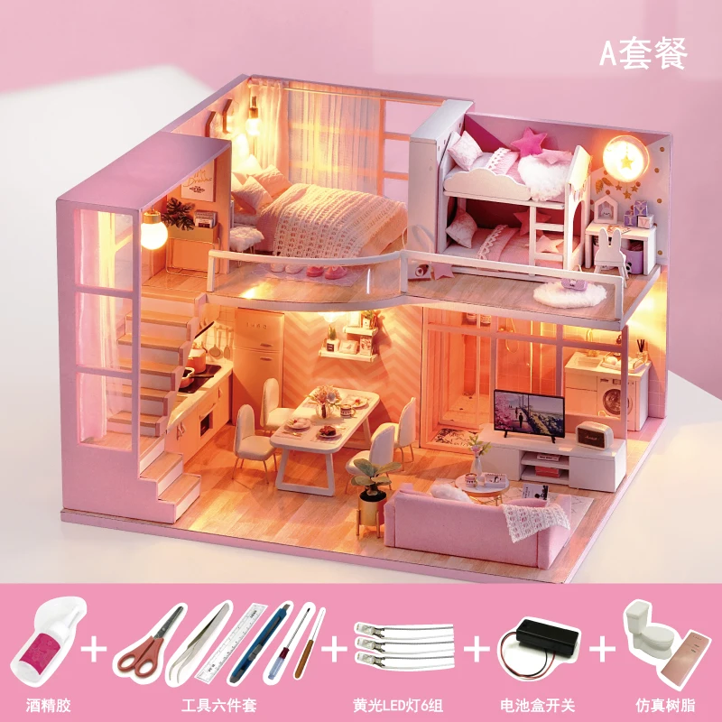 

Wooden Princess Doll House Assembly Accessories Furniture DIY Luxury Fairy Doll House Girls Miniatuur Huisjes Kids Toys DG50DH