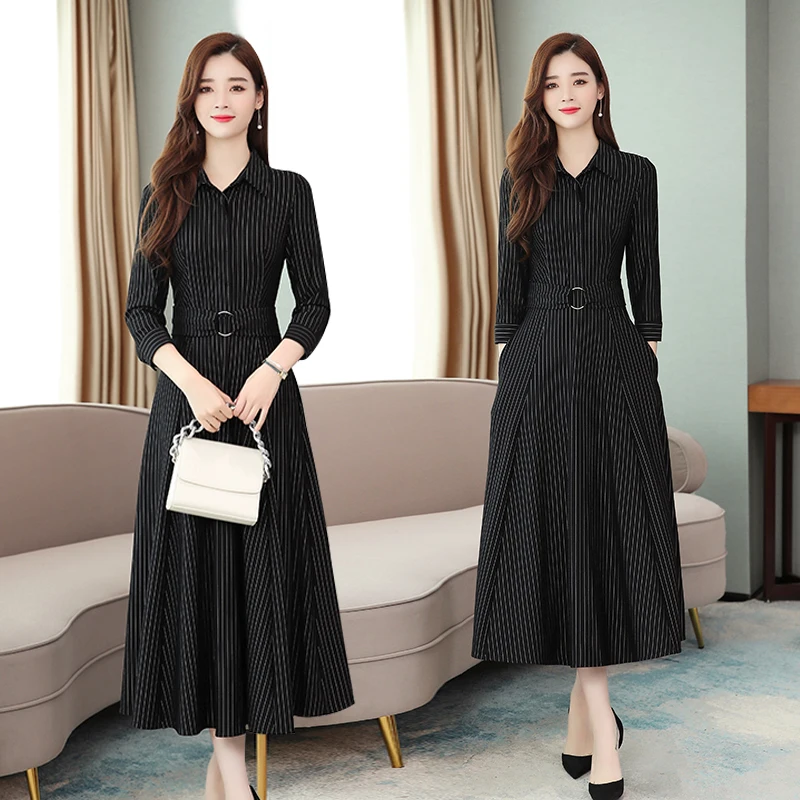 2019 винтажные Черные Полосатые миди платья осень зима 3XL плюс размер одноцветное