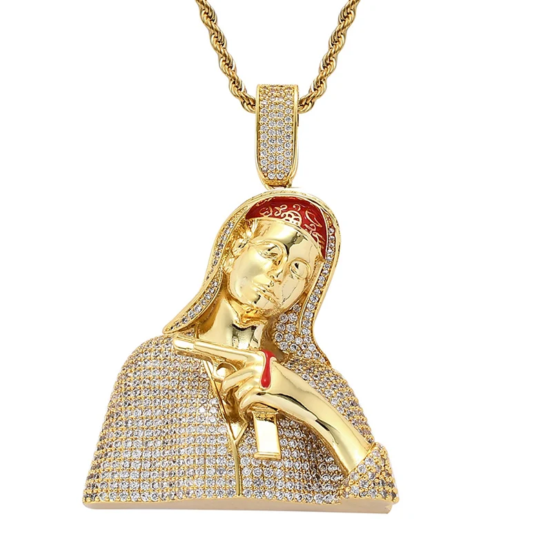 Фото Хип-хоп микро-асфальтированный AAA + цирконий Bling Iced Out Hold Gun Подвески Девы Марии Ожерелья для мужчин Ювелирные изделия в стиле рэпер №1