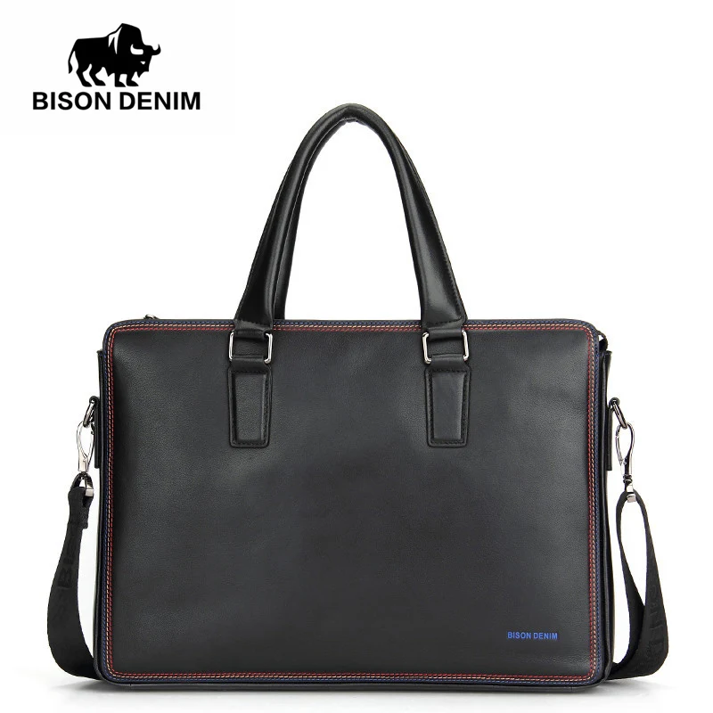 BISON DENIM Luxury famous brand handbag shoulder bags business men briefcase laptop bolsos men's travel bags genuine leather bag