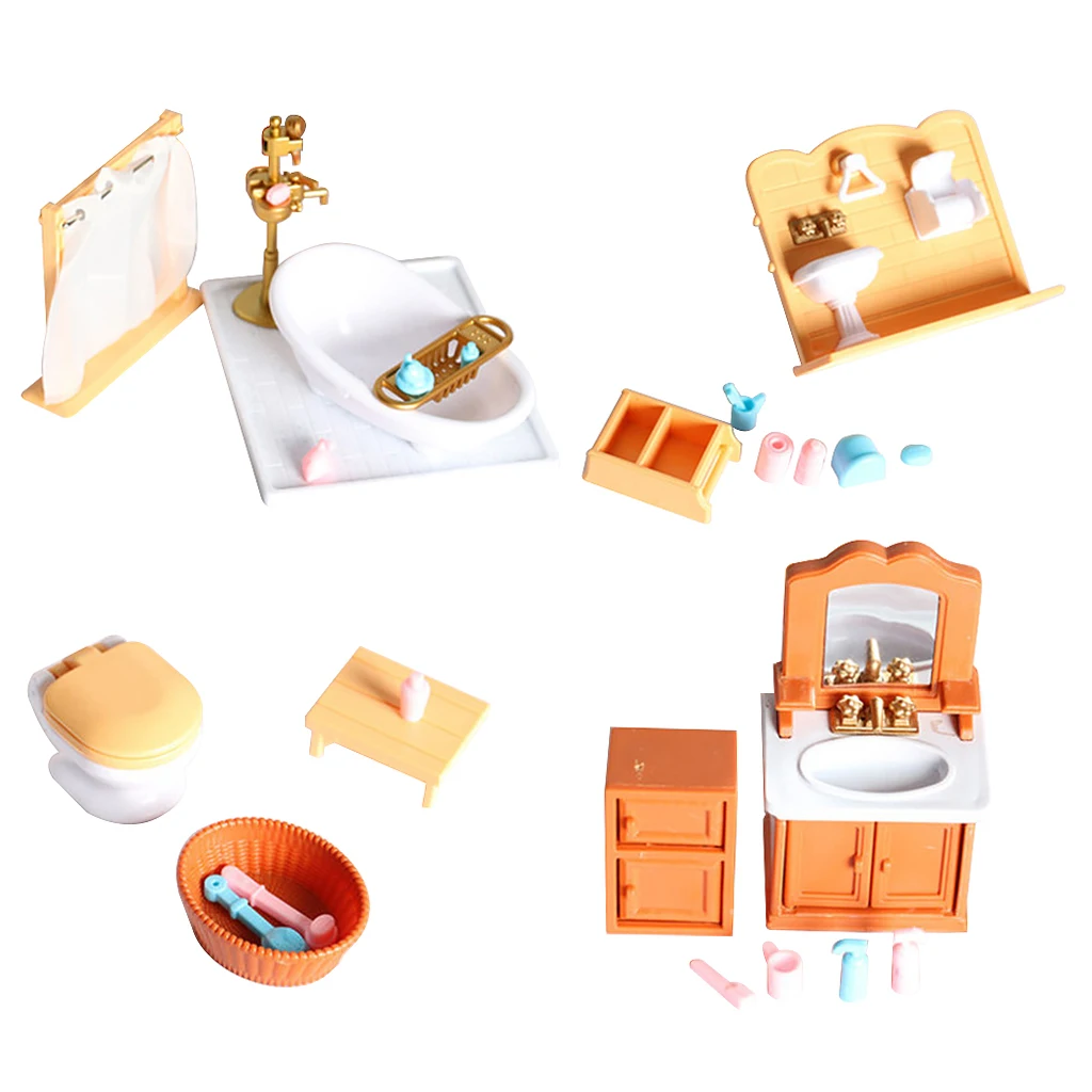 

4 Set of 1:12 Scale Plastic Bathroom Set with Dollhouse Toilet, Dollhouse Bathtub and Accessories