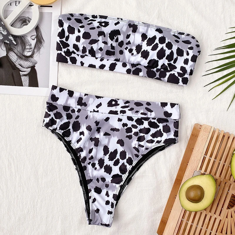 

Suimsuit Women 2 Pieces High Waist Beachwear Leopard High Cut Bath Suit Summer Bandeau Swimwear Bikini Set 2021 Brasileo