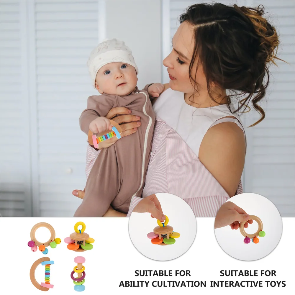 

4pcs Baby Early Education Toys Toddler Wooden Hand Rattles (Assorted Color)