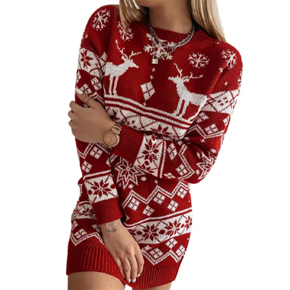 

Women Christmas Elk Printed Jumper Long Sleeve Knitted Fashion Sweater Casual Loose Pullover Knitwear Winter Warm Tops Clothes
