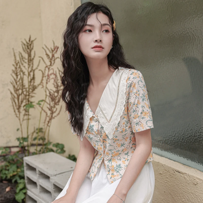 

Printed Blouse Female Plus Size 2021 Summer Women's Blouse Korean Polka Dot Short Sleeve Hollow Out Shirt Cropped Tops