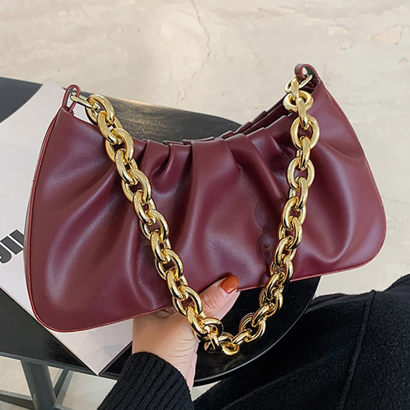 

Дизайнерские сумки через плечо с золотой цепочкой для женщин, маленькая сумочка-Багет, высококачественные Ручные Сумки из искусственной ко...
