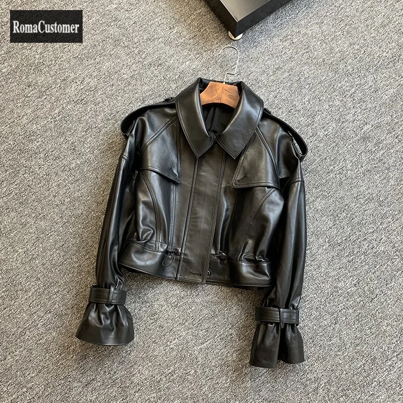 

Genuine Leather Jackets Womens New Sheepskin Flare Sleeve Elegant Female Adjustable Waist Korean Short Blouse Biker Coat
