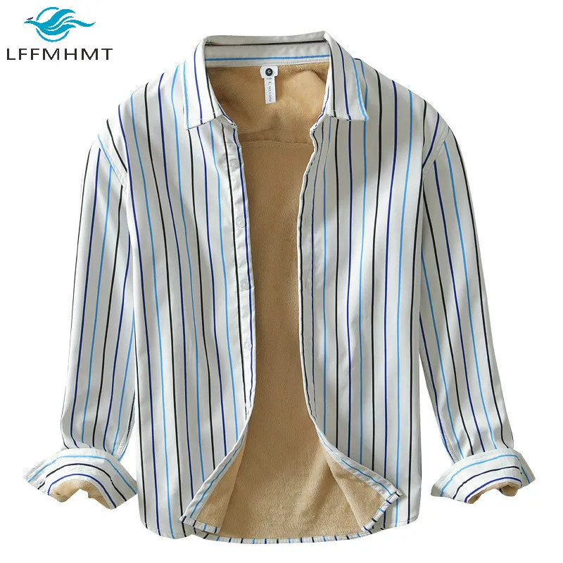 

Men Winter Fashion Fleece Lined Warm Thick Classical Striped Long Sleeve Shirts Male Lapel Brushed Japan Style Casual Retro Tops