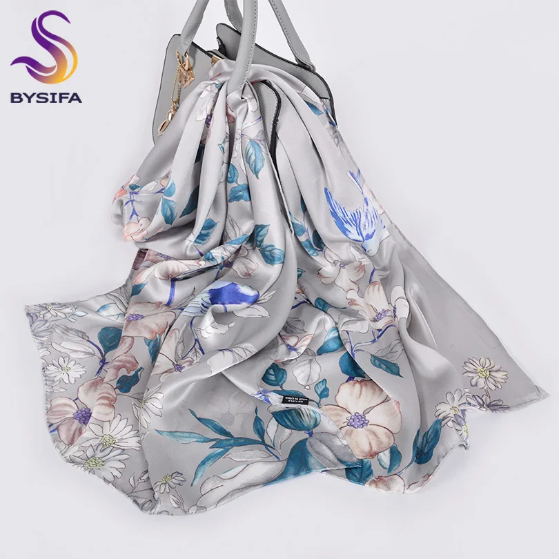 [BYSIFA] Роскошный Серебряный серый женский шелковый шарф шаль Новый Бренд
