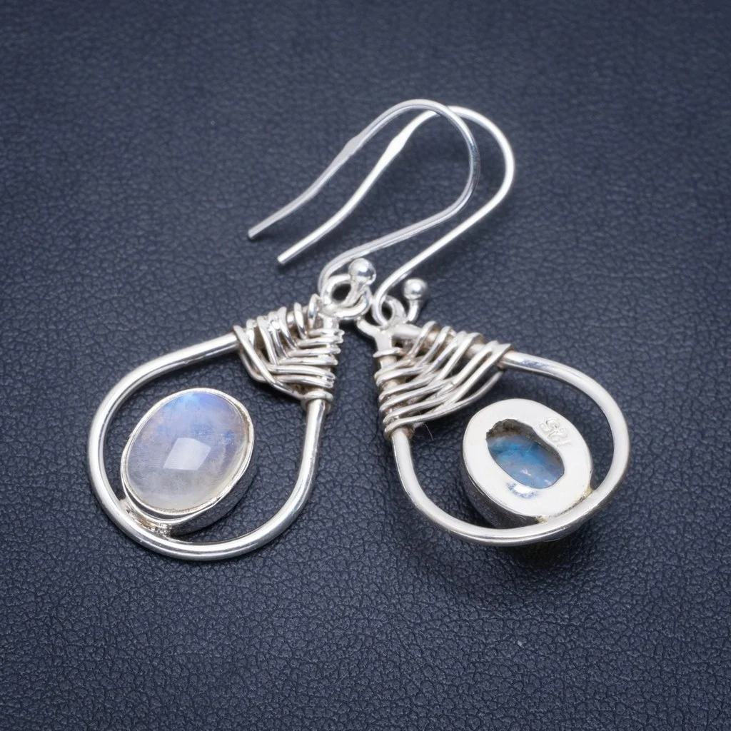 

Natural Rainbow Moonstone Handmade Unique 925 Sterling Silver Earrings 1.5" A2302