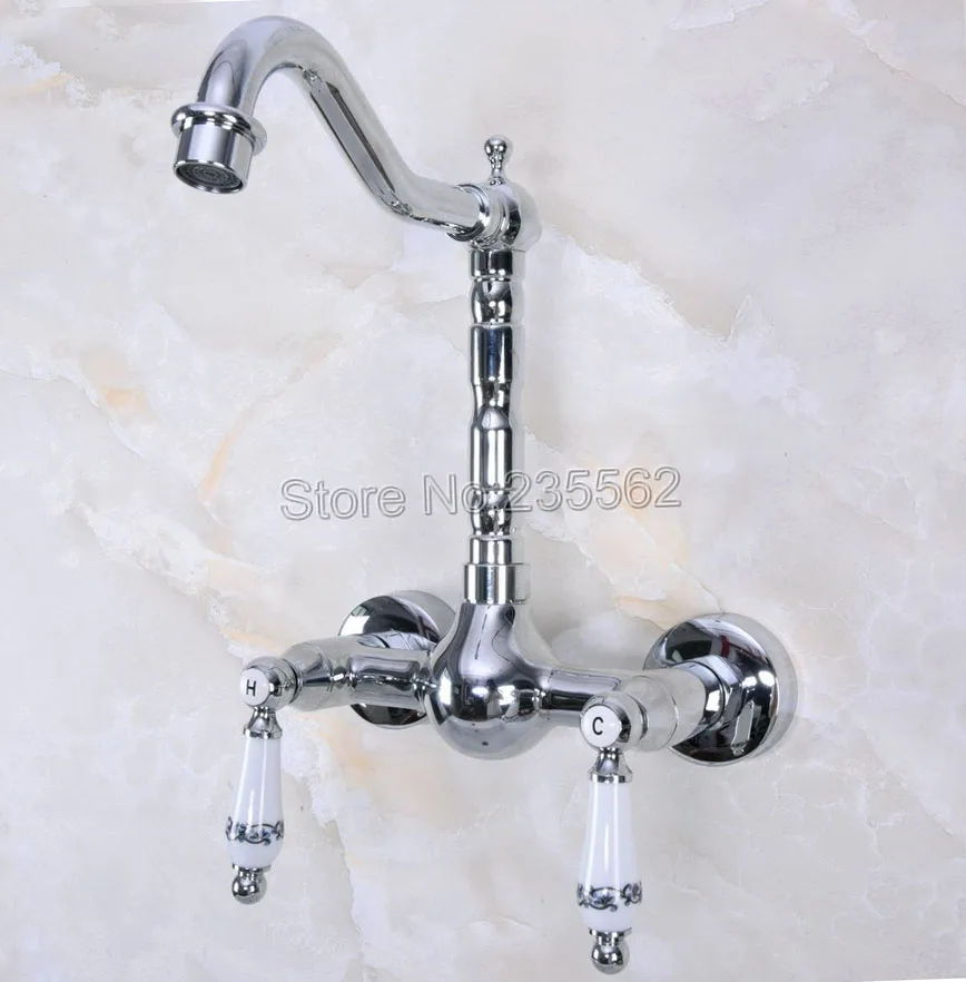 

Polished Chrome Wall Mounted Kitchen Bathroom Sink Basin Faucet Dual Handle Swivel Spout Hot&Cold Water Tap Lnf957