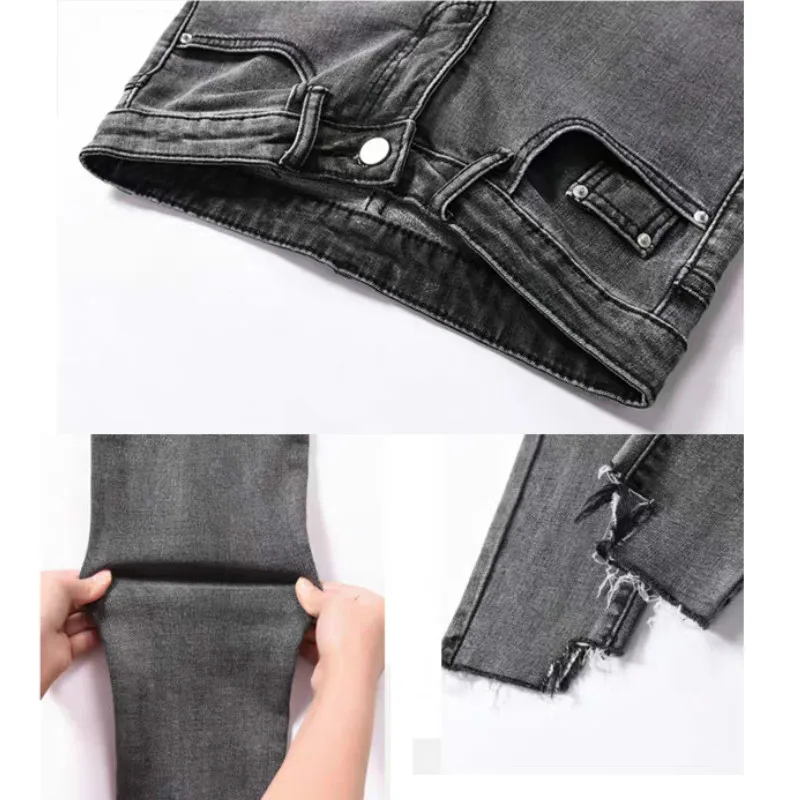 

Women Jeans Pencil Skinny Tight High Waist Trousers Irregular All-match Hole Ripped Vintage Leisure Trendy Chic Slim Stretchy