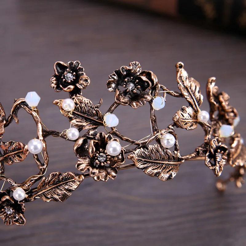 

Bronze Women Wedding Hair Accessories Flower Diamond Shape Crown Tiara Bride Headband Alloy Pearl Elegant Hairbands