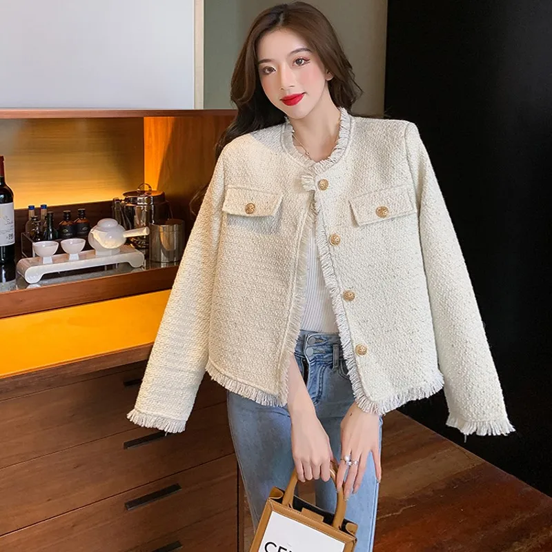 

Runway Fall Winter Long Sleeve Glod Button Tassel Tweed Jackets Women's Slim Elegant High Quality Wool Coats Office Outwear Top
