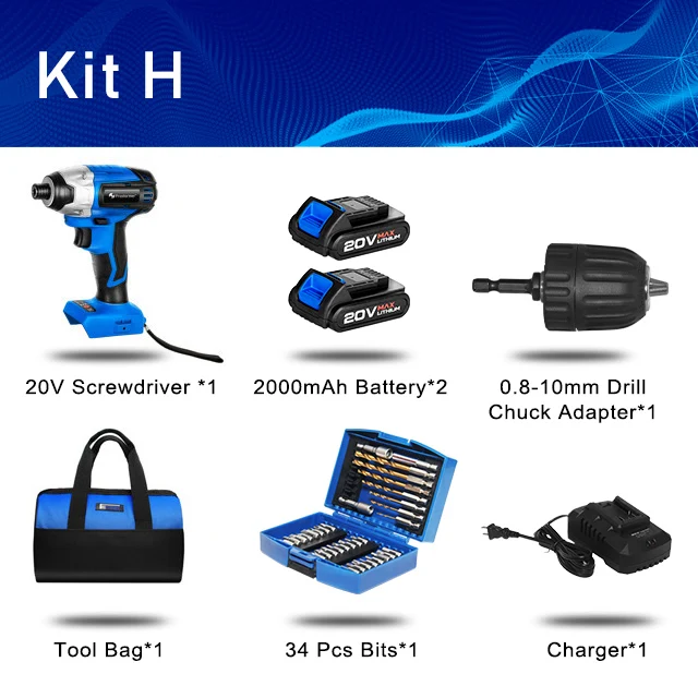 KIT H Электрическая отвертка PROSTORMER 20 в бесщеточная аккумуляторная отвертка Ударная дрель 300 нм сумка для инструментов перезаряжаемая дрель с переменной скоростью - Цвет: KIT H
