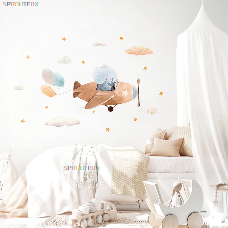 

Cute Animal Elephant Fly a Plane Wall Stickers for Baby Boys Bedroom Kids Room Ballon Stars Clouds Cartoon Decal Home Decoration