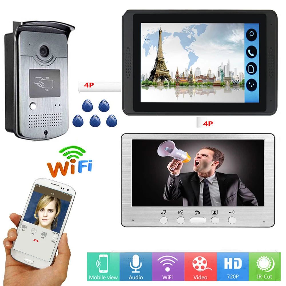 RFID Toegang Unlock Video Intercom 7 Inch WIFI Draadloze Video Deurtelefoon Deurbel APP Controle Visuele Speakerphone Intercom Systeem