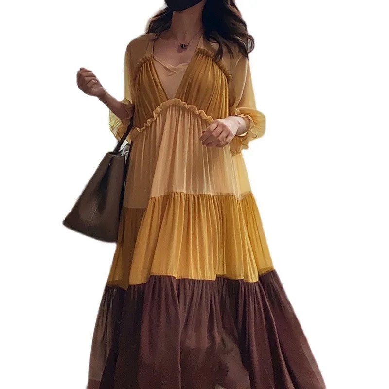 

New 2021 Oversized block Color Patchwork Ruffles Chiffon fairy Dresses luxury Beach holiday dress Vacation dress Abaya Robe