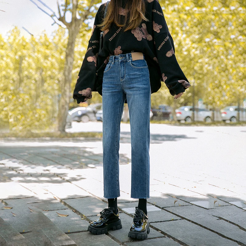 

2021 Spring New Korean Style High-Waisted Slim Straight Nine-Point Jeans Women's Slim and High-Smoke Pants