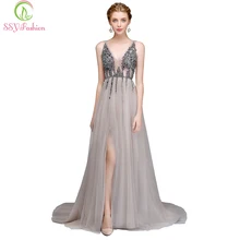 SSYFashion, новинка, роскошное вечернее платье, сексуальное, v-образный вырез, открытая спина, бисер, высокий разрез, тюль, длинное, для выпускного вечера, на заказ, вечерние, официальные платья