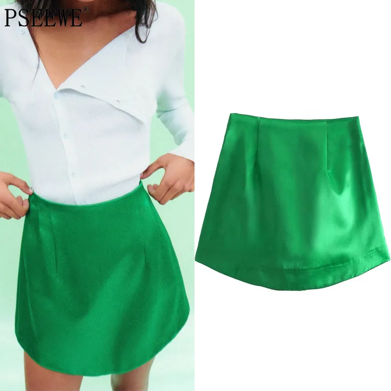 

FAKUNTN Summer Women Skirt 2021 Za Green Satin Short Skirts With High Waist Elegant Mini Woman Skirts Fashion Slim Vintage Skirt