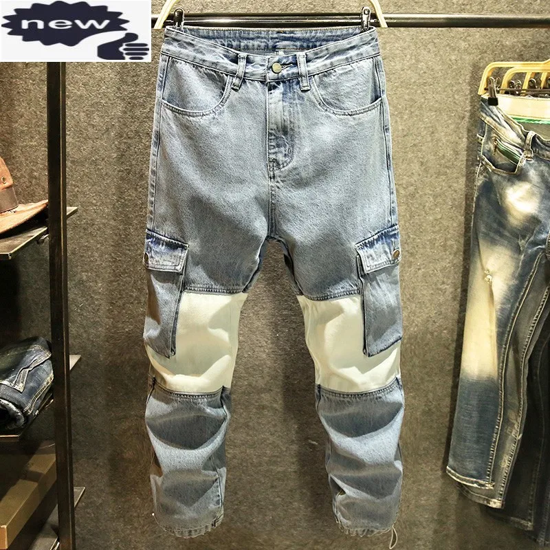 Cargo Jeans Men Patchwork Leisure Loose Straight Legging Ankle-Length Multi-Pockets Streetwear Hip-Hop Trendy Denim Pants
