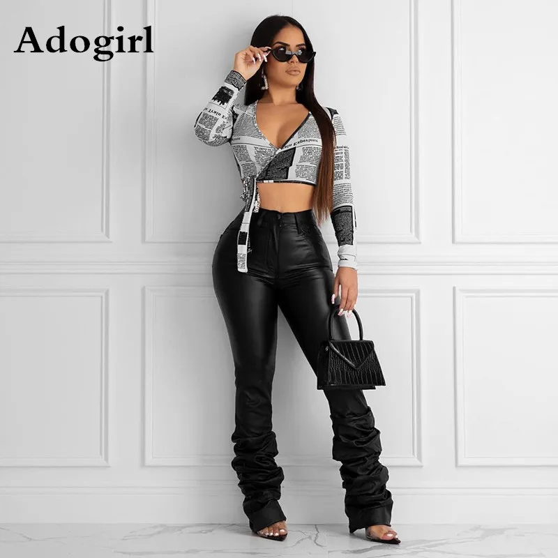 Брюки из искусственной кожи с рюшами Осень зима 2019 женские брюки высокой талией и