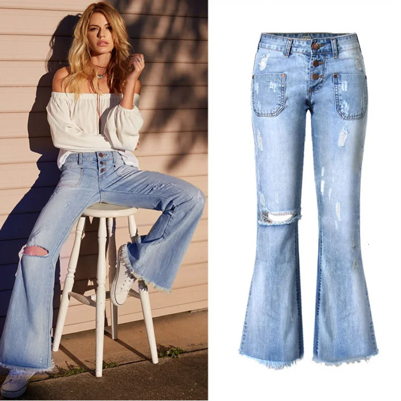 Женские джинсы LIBERJOG синие расклешенные джинсовые брюки разные размеры весна