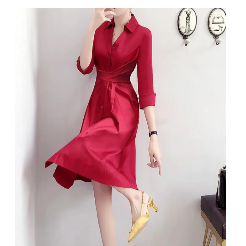 

Big Red Dress Spring Autumn Winter 2020 New Solid Color Lapel Slimming Middle-waisted Splicing Fashion Temperament Long Dress