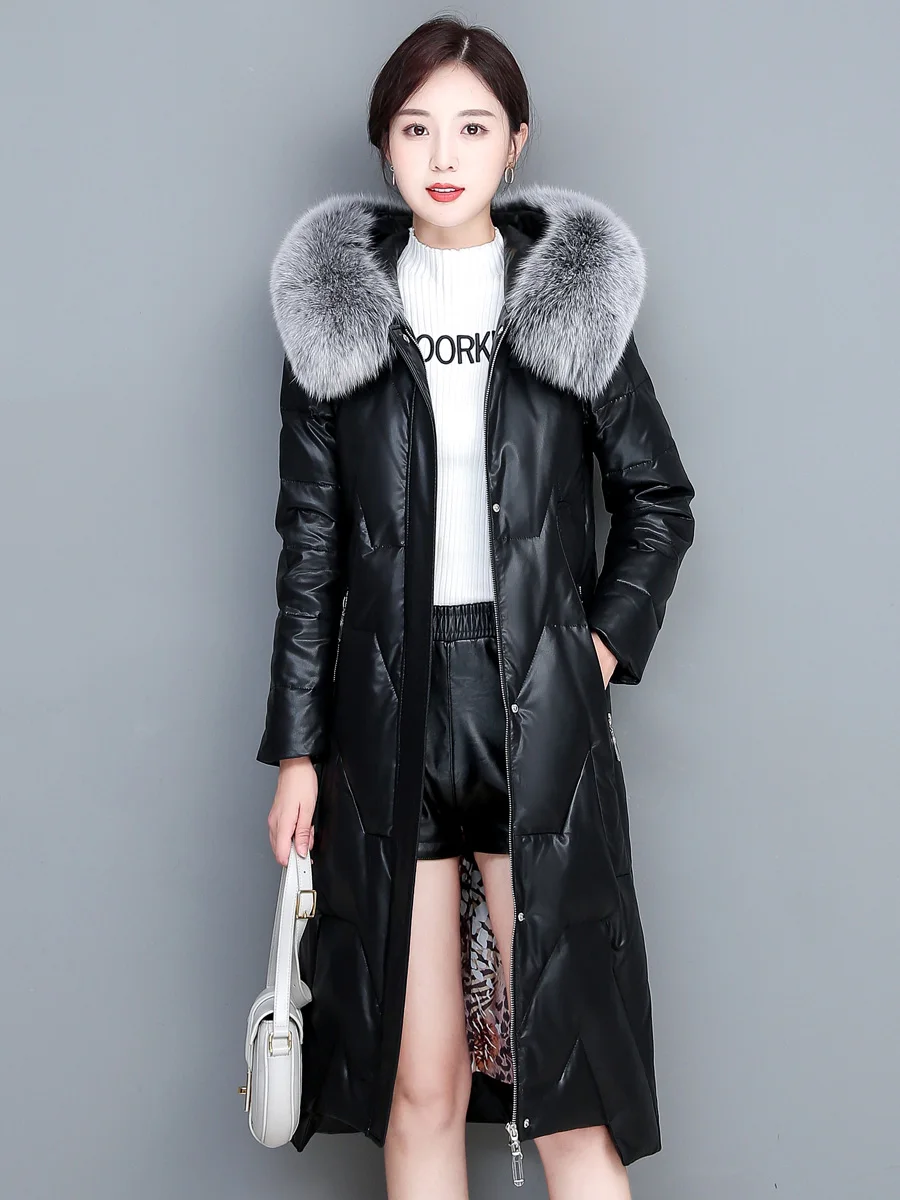 New Women Leather Down Coat Winter Fashion Real Fox Fur Collar Hooded Loose Sheepskin Overcoat Thick Warm Long Outerwear Female