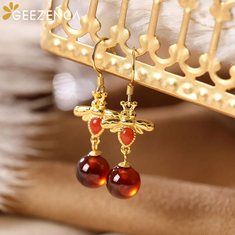 

S925 Silver Gold Plated Red Garnet Agate Stud Earring Bee Water-drop Bead Earrings Fine Jewelry for Women Cute Trendy Gift