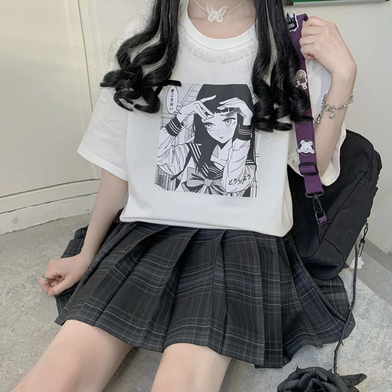

Japanese Sweet Girls Cartoons T-Shirt Summer Kawaii Casual Loose Short Sleeve Tops Women Vintage Harajuku Cotton T Shirts Female