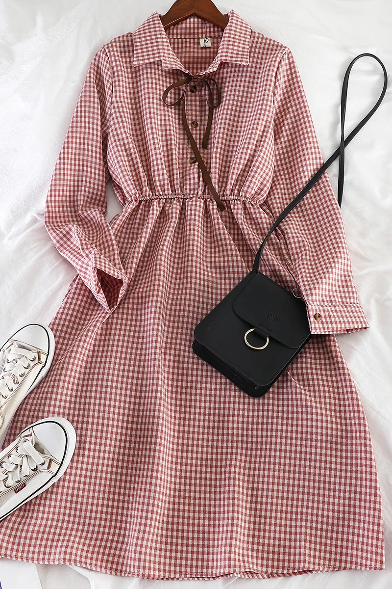 2019 Новое модное женское осеннее клетчатое ретро платье рубашка одежда|Женские
