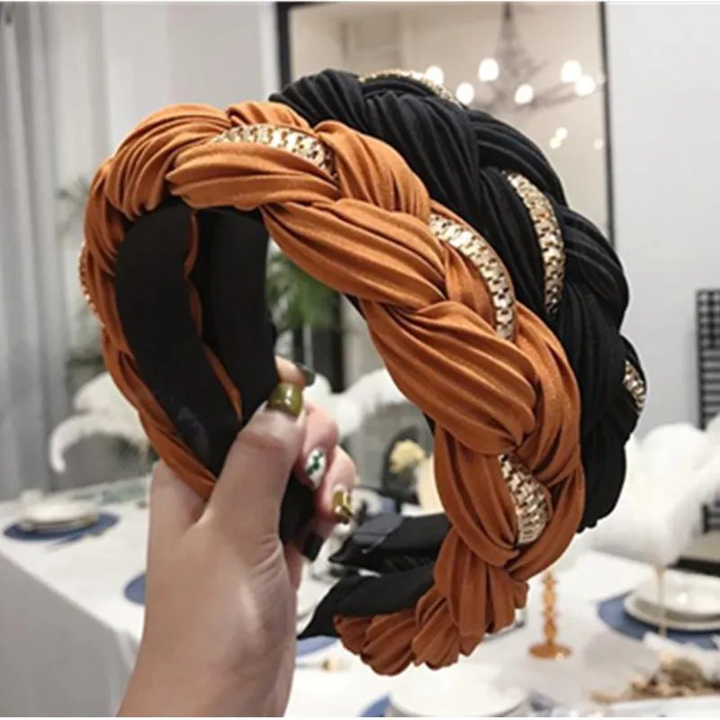 

Women Solid Braids Headband with Metal Chain Adults Vintage Hair Accessories Wide Plain Head Band Women Headwear Hairband