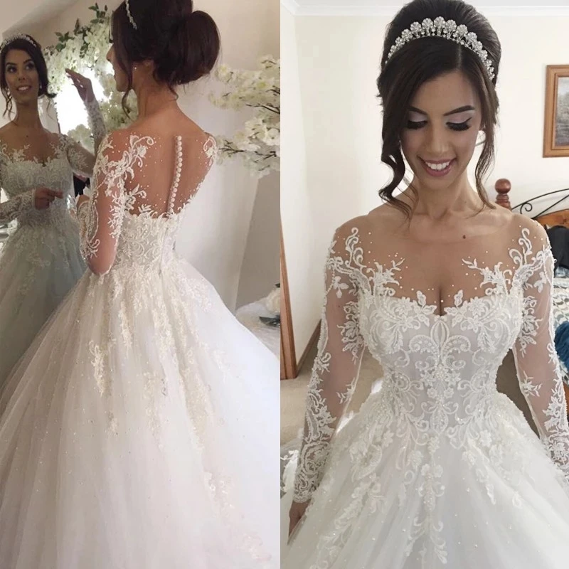 

ANGELSBRIDEP бальное платье с прозрачным воротником Свадебные платья Vestido De Noiva Высококачественная Аппликация из бисера со шлейфом