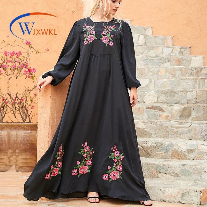 

WJXWKL 2021 весенне-летнее модное женское черное платье большого размера с вышивкой и длинным рукавом с круглым вырезом, мусульманское повседне...