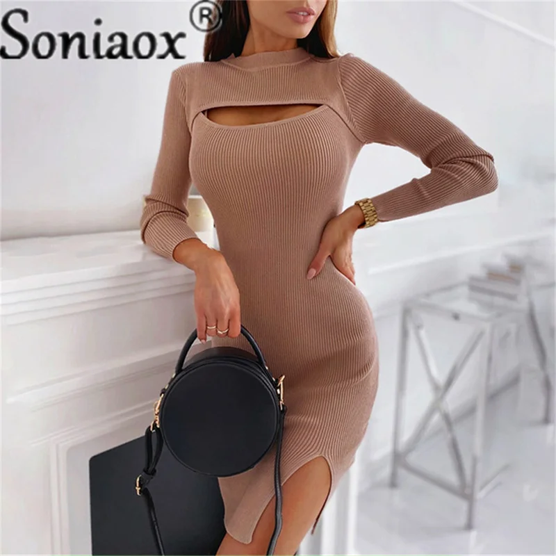 Купи Autumn Winter Solid Knitted Mini Dress Women Black O Neck Long Sleeve Chest Hollow Out Sexy Bodycon Party Club Dresses Vestidos за 565 рублей в магазине AliExpress