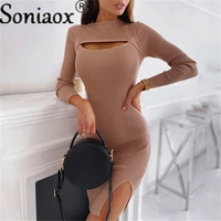 autumn winter solid knitted mini dress women black o neck long sleeve chest hollow out sexy bodycon party club dresses vestidos