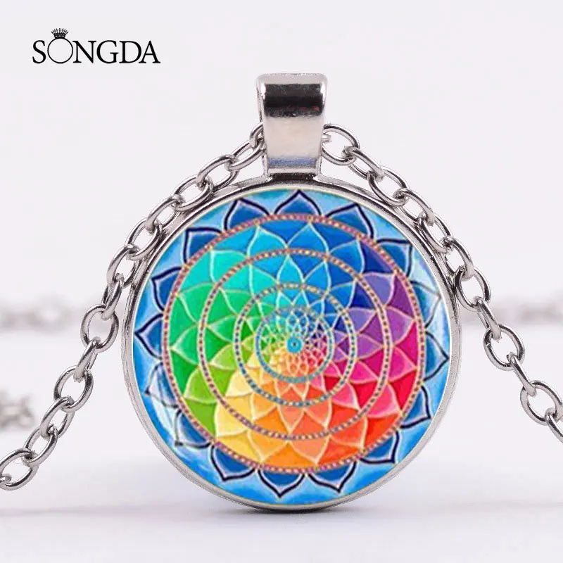 Classic Hindu Buddhism OM AUM Sign Buddha Lotus Necklace 7 Chakra Colorful Mandala Flower Of Life Pendant Necklaces Yoga Jewelry | Украшения