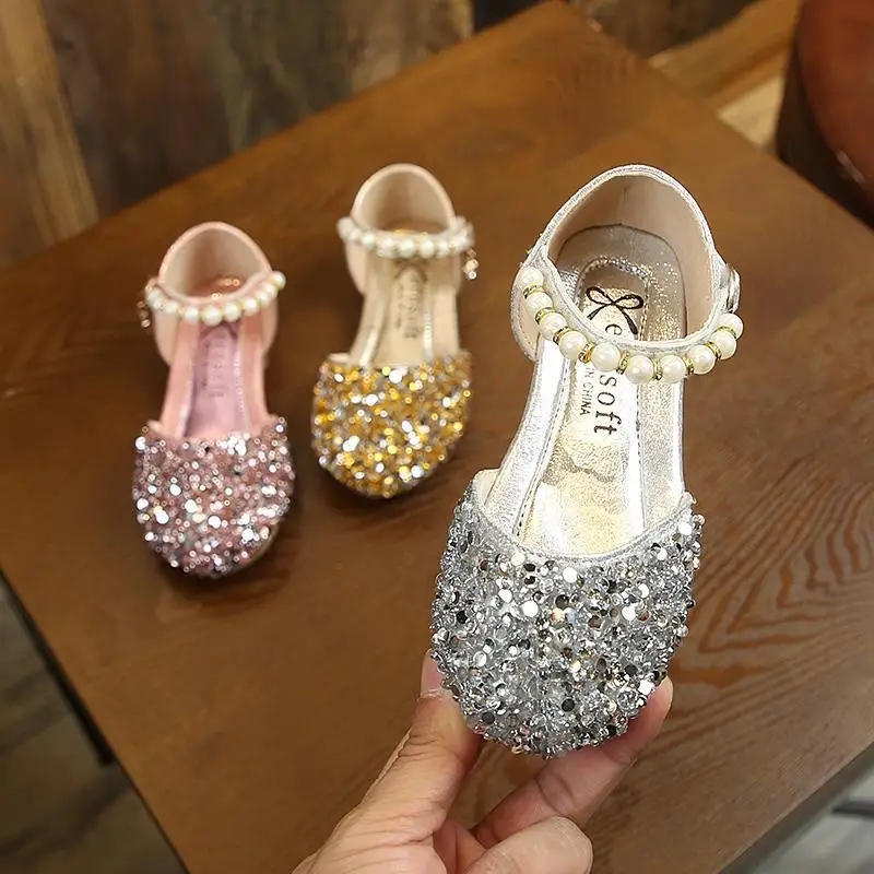 

2021 New Childrens Shoes Pearl Rhinestones Shining Kids Princess Shoes Baby Girls Shoes For Party and Wedding