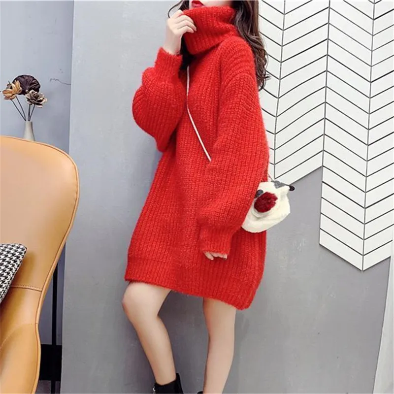 

Свитер женский однотонный, Удлиненная рубашка с высоким воротником и длинным рукавом, Свободный Длинный Простой Модный пуловер на осень и з...