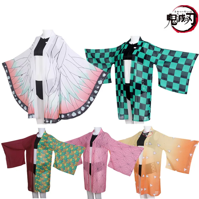 Demon Slayer Cosplay Swimsuit Kimetsu no Yaiba Kamado Tanjirou Two Piece V Neck Bathing Suit with Sheer Kimono Cardigan |