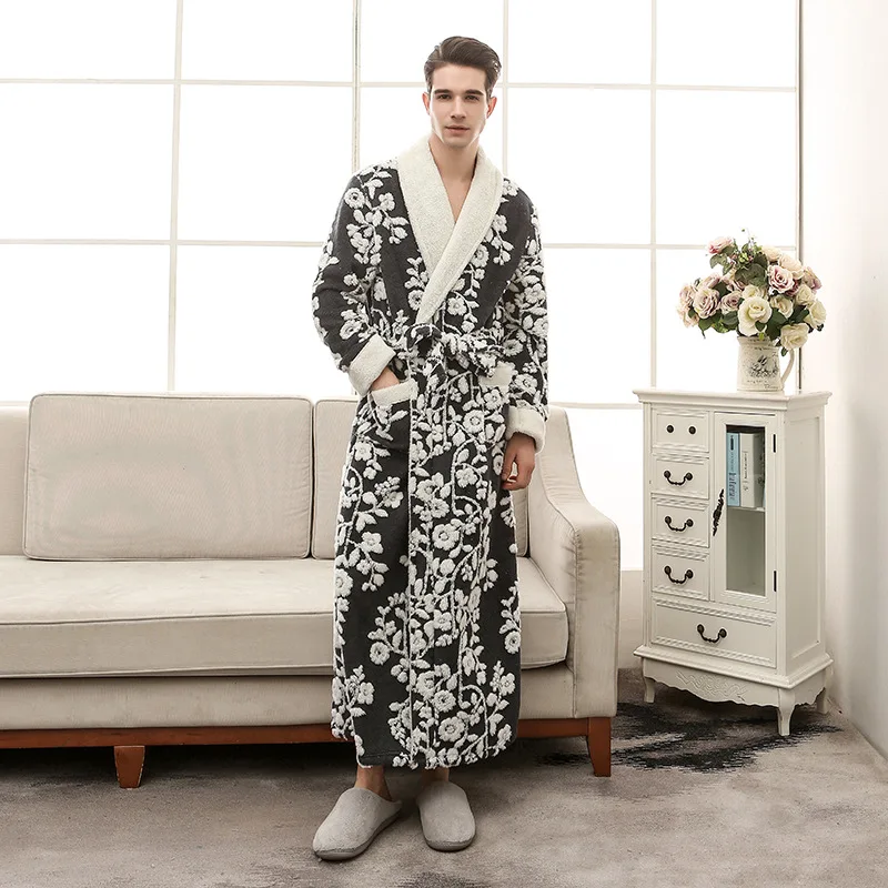 Зимняя одежда для сна теплая влюбленных женщин и мужчин Длинный Цветочный халат