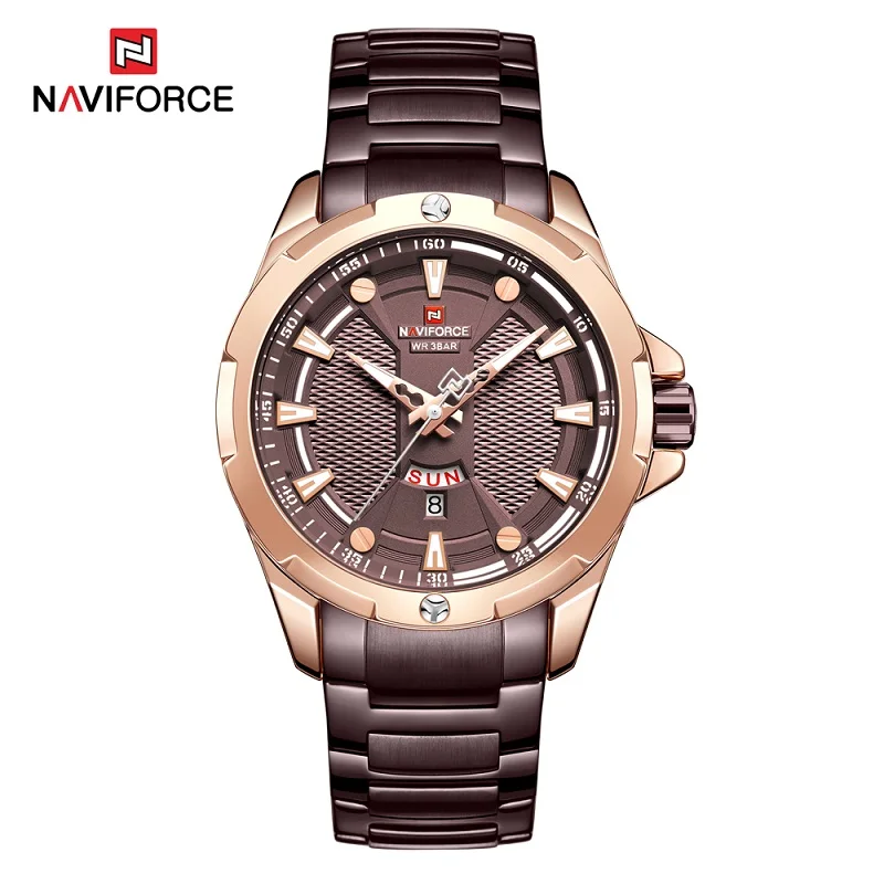 Brown NAVIFORCE Модные мужские кварцевые часы люксовый бренд многофункциональные спортивные часы с циферблатом мужские повседневные водонепроницаемые часы Relogio Masculino - Цвет: Brown
